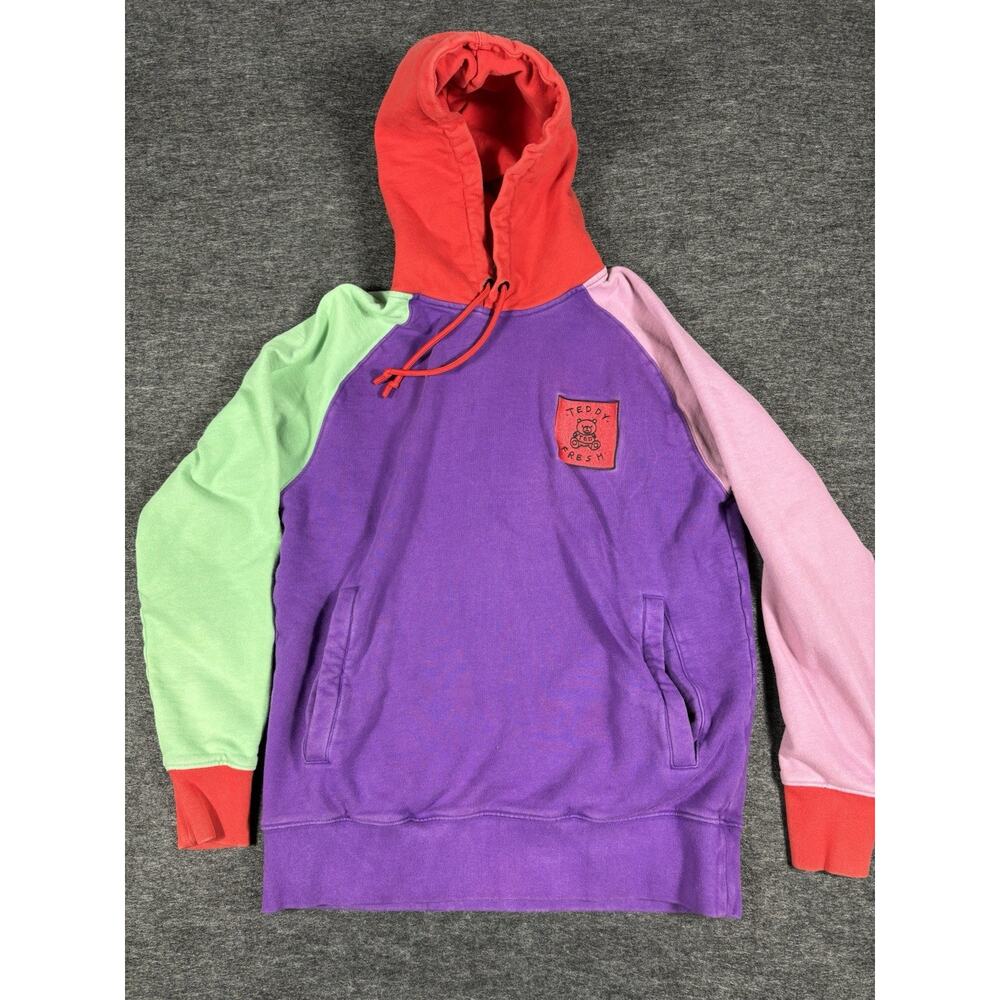 Teddy Fresh Hoodie Mens Small Purple Colorblock Pastel Pullover Sweatshirt Logo
